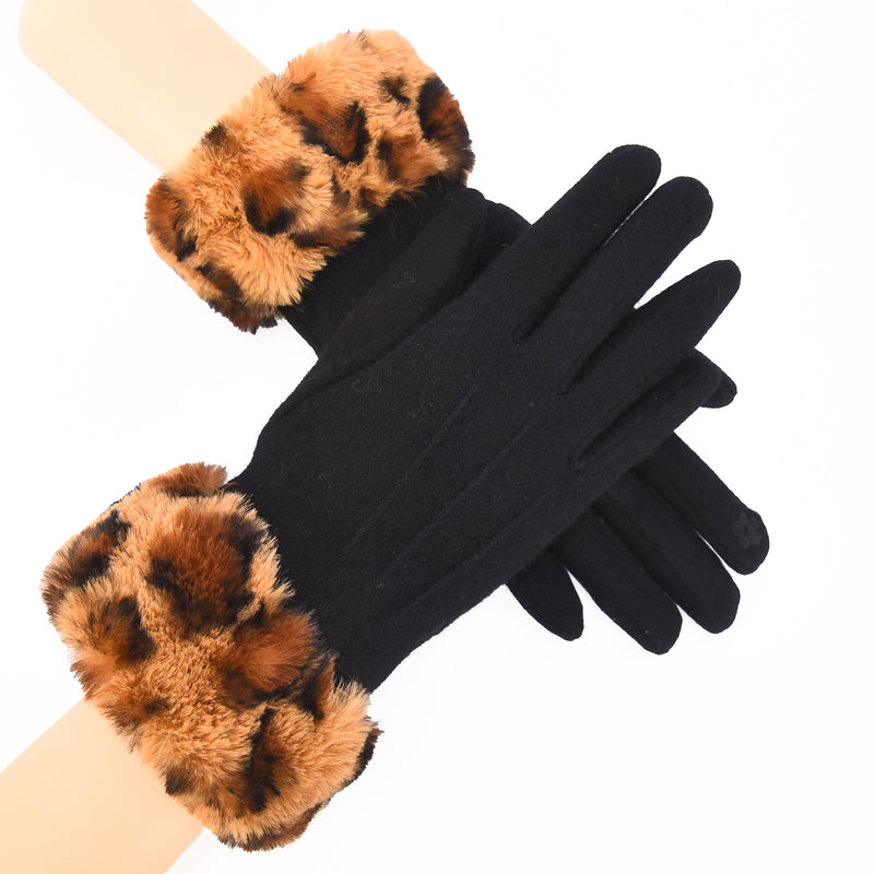 Asha Women Wool Gloves with Faux Fur Leopard Print Cuffs