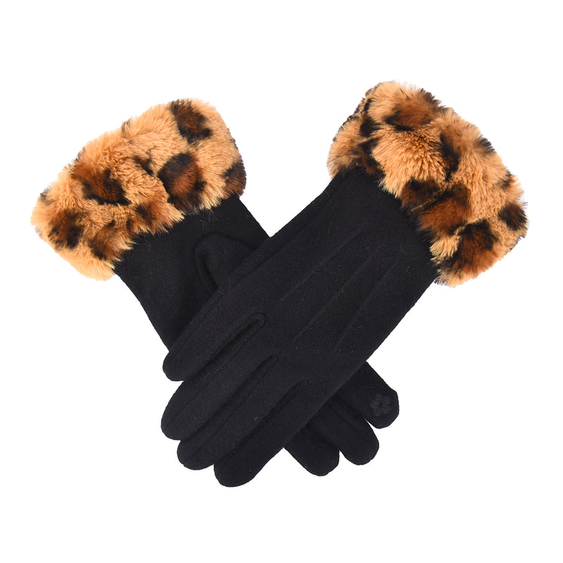 Asha Women Wool Gloves with Faux Fur Leopard Print Cuffs