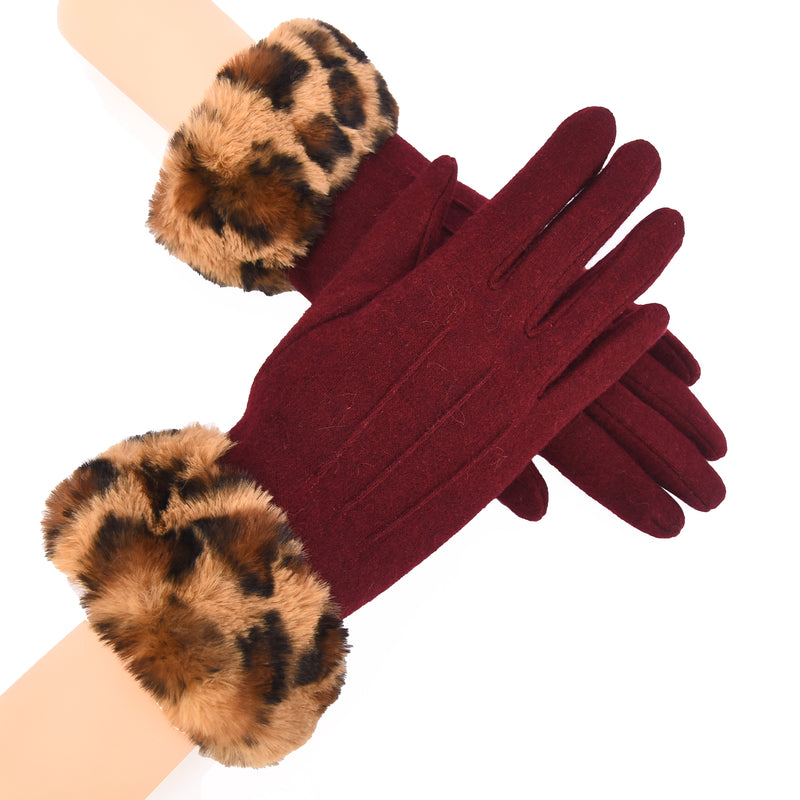 Asha Women Wool Gloves with Faux Fur Leopard Print Cuffs