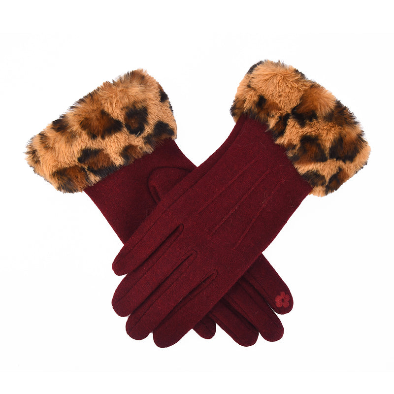 Asha Women Wool Gloves with Faux Fur Leopard Print Cuffs