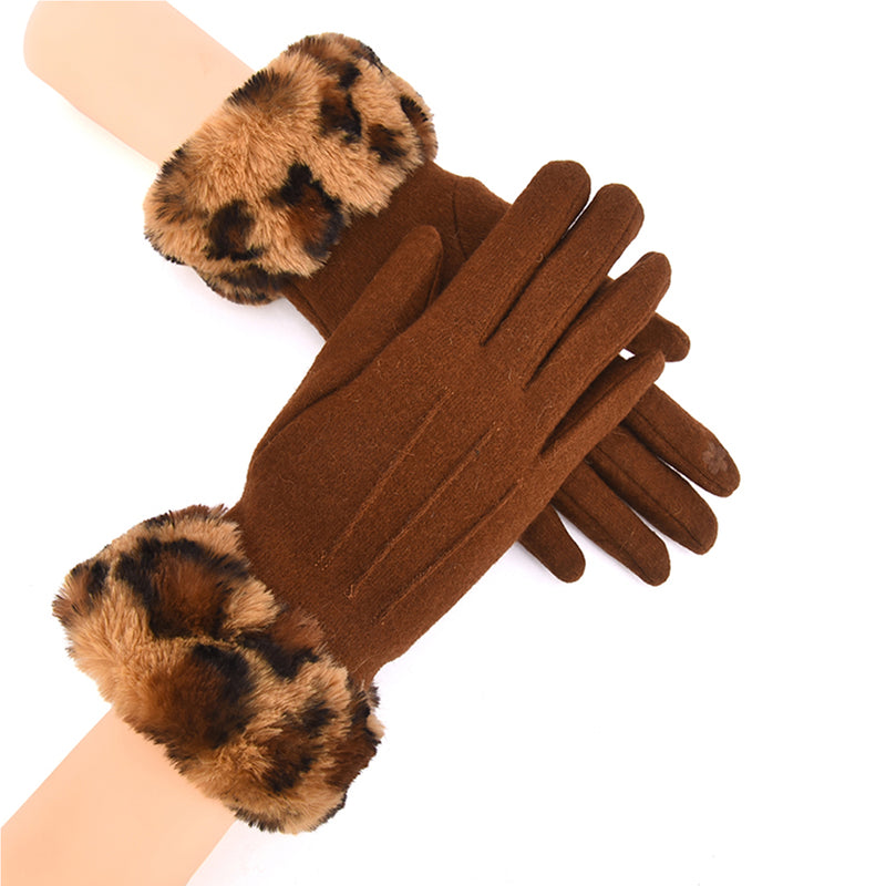 Asha Women Wool Gloves with Faux Fur Leopard Print Cuffs