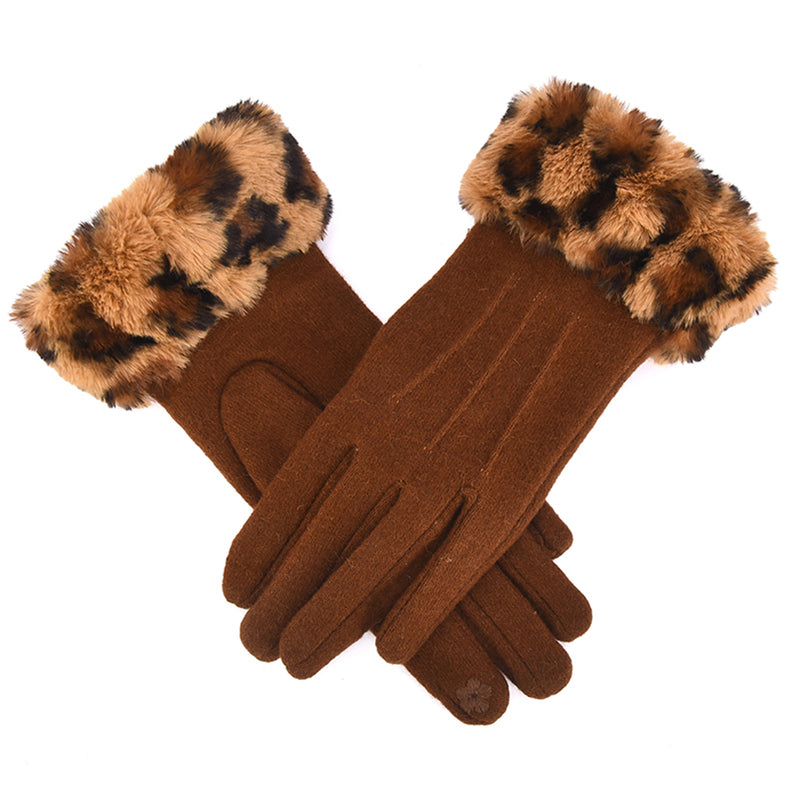 Asha Women Wool Gloves with Faux Fur Leopard Print Cuffs