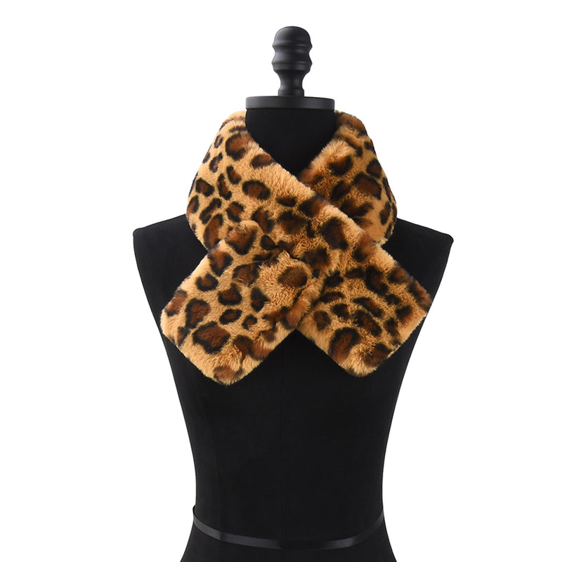 Spots Women's Leopard Print Plush Faux Fur Pull Through Scarf