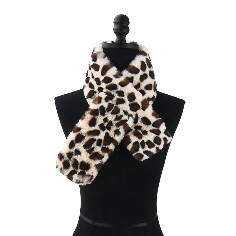 Spots Women's Leopard Print Plush Faux Fur Pull Through Scarf