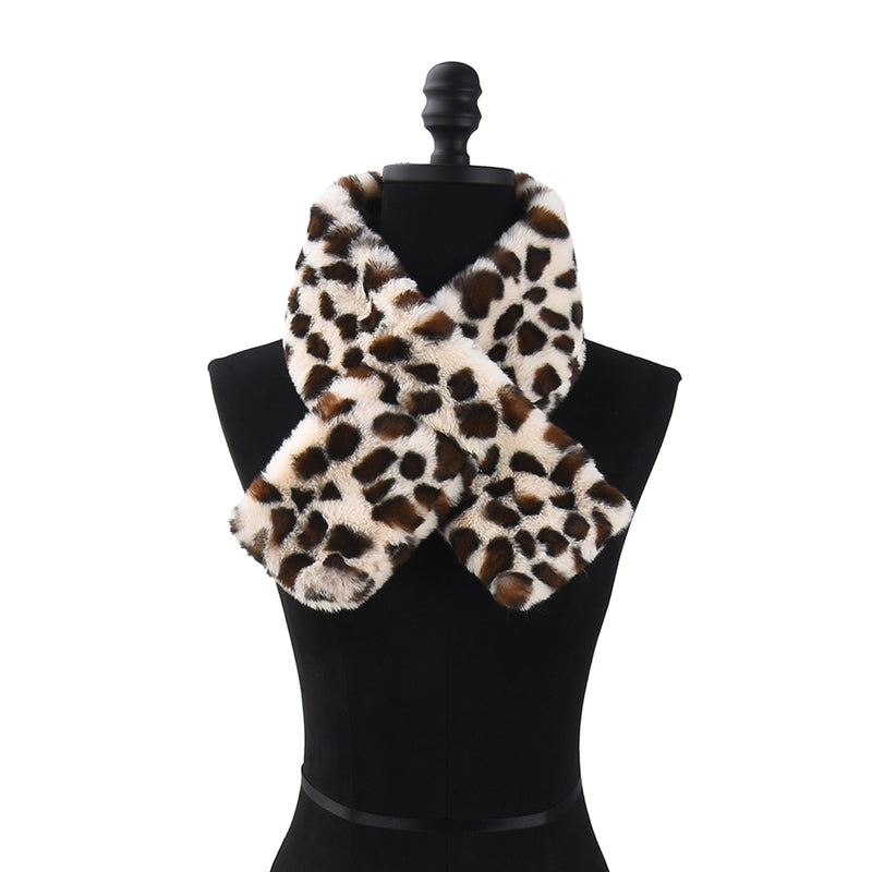 Spots Women's Leopard Print Plush Faux Fur Pull Through Scarf