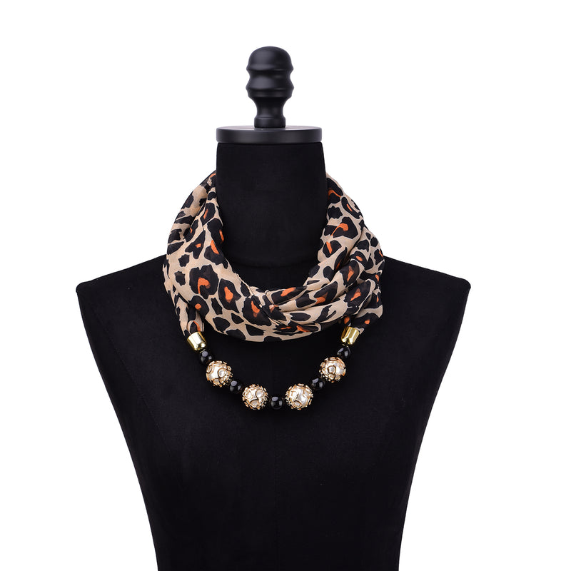 Leya Women's Leopard Printed Infinity Scarf with Beaded Pearls